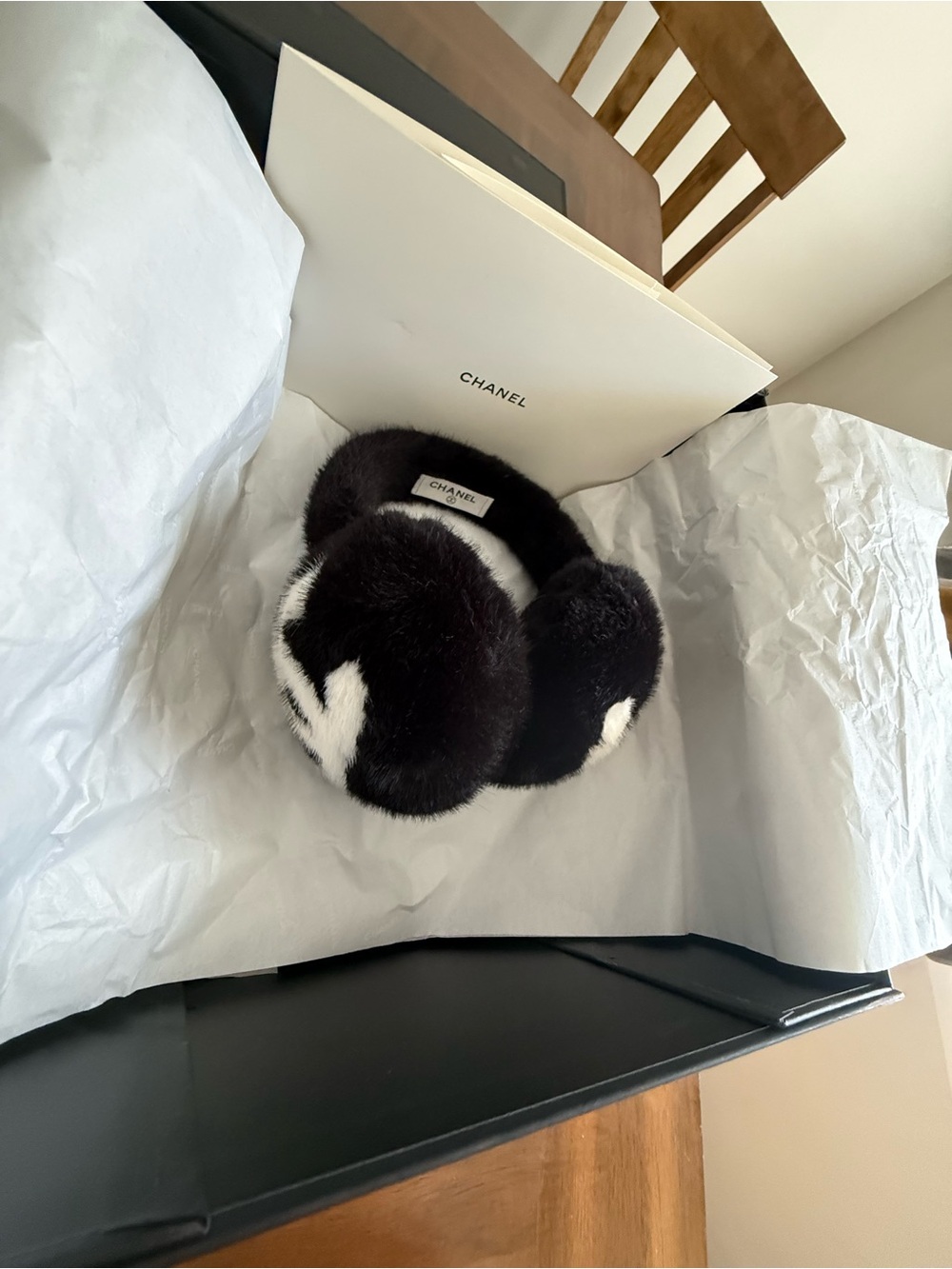 CHANEL Black and White Fur Logo Earmuffs - Picture 7 of 14